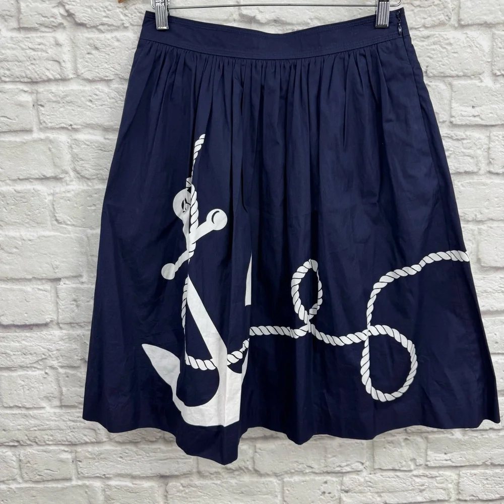 J.Crew Navy Blue Cotton A-Line Pleated Anchor Skirt Size 2 Nautical Coastal